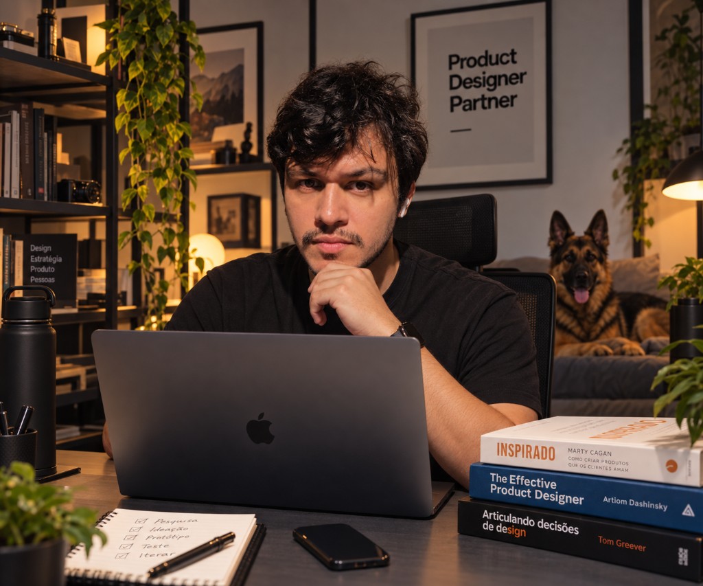 Vinícius de Oliveira à mesa de trabalho, com notebook, caderno de processo e livros de design de produto