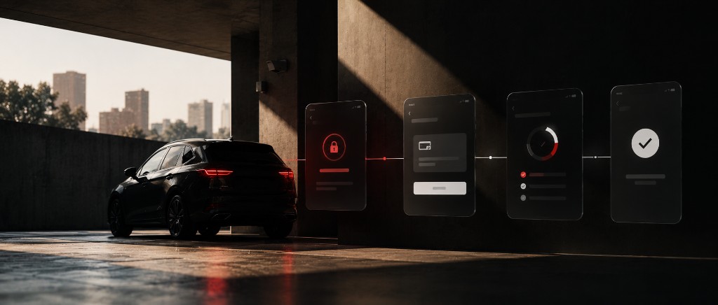 Carro parado em um estacionamento coberto ao lado de quatro telas em sequência: veículo bloqueado, pagamento, processamento e desbloqueio confirmado. Ilustração conceitual, não é a interface final.