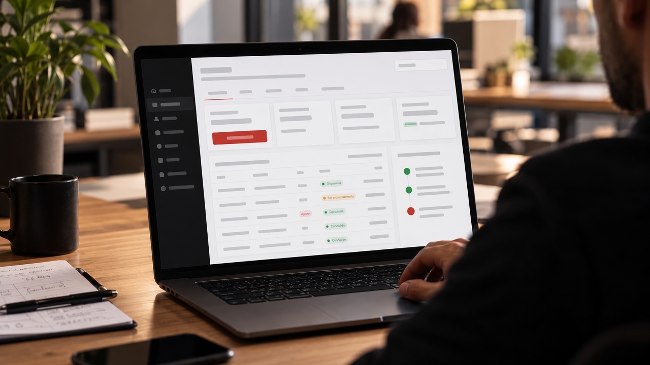 Pessoa trabalhando em um notebook com uma área financeira aberta: saldo disponível, movimentações recentes com status e o acompanhamento de um repasse.